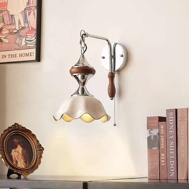

French Medieval Retro Wall Lamp Bedroom Bedside Wall Light Living Room Study Entrance Hallway Balcony Cream Style Ceramic Sconce