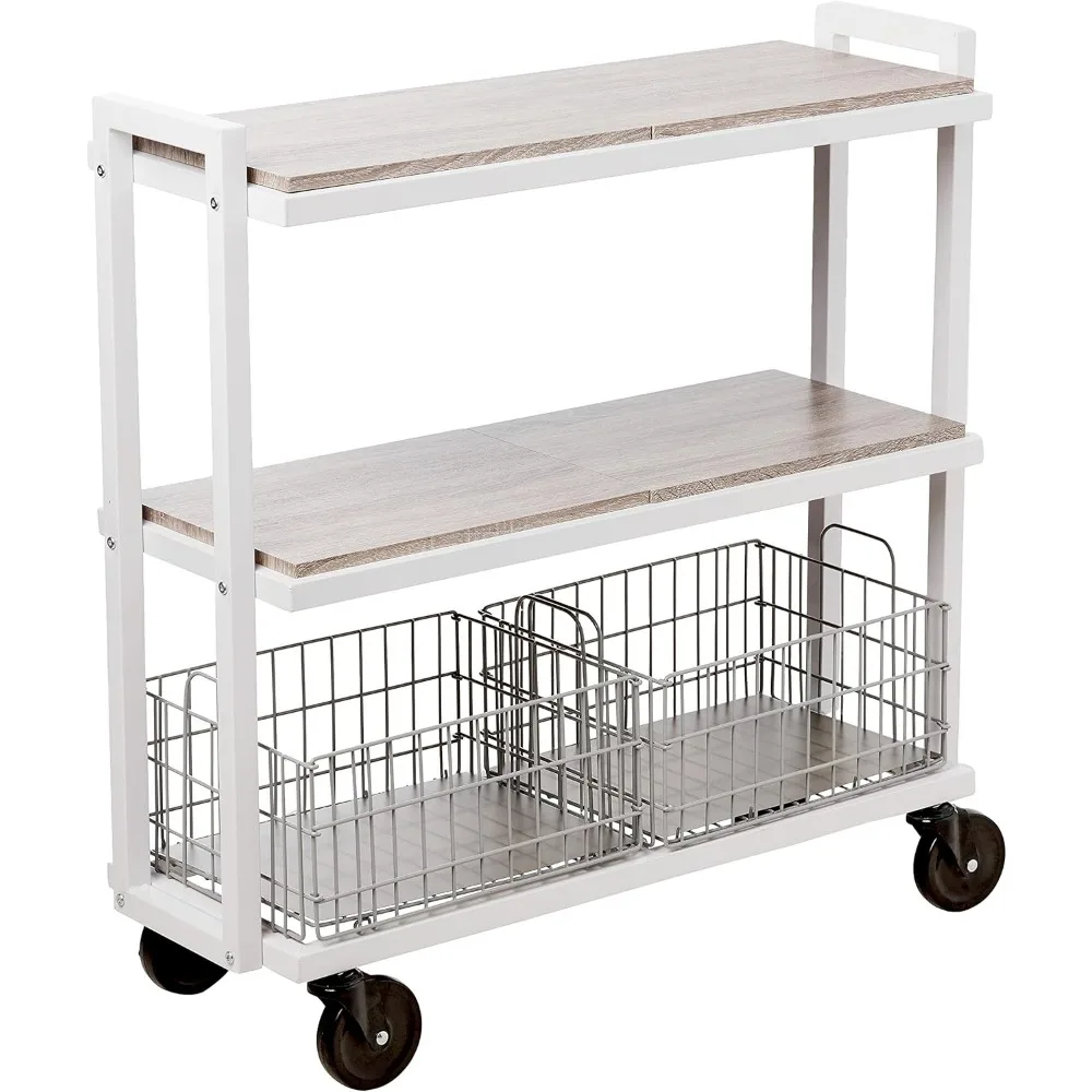 Modular Mobile Storage Cart System, Interchangeable Shelves & Baskets, Powder-Coated All-Steel Frame, 3-Tier, Caster Wheels