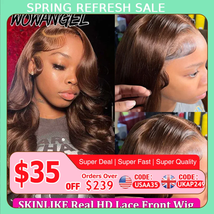Wow Angel Chocolate Brown Wigs 13x6 HD Lace Front Wigs Melt Skins Body Wave Human Hair Wigs Glueless HD Lace Wigs For Woman