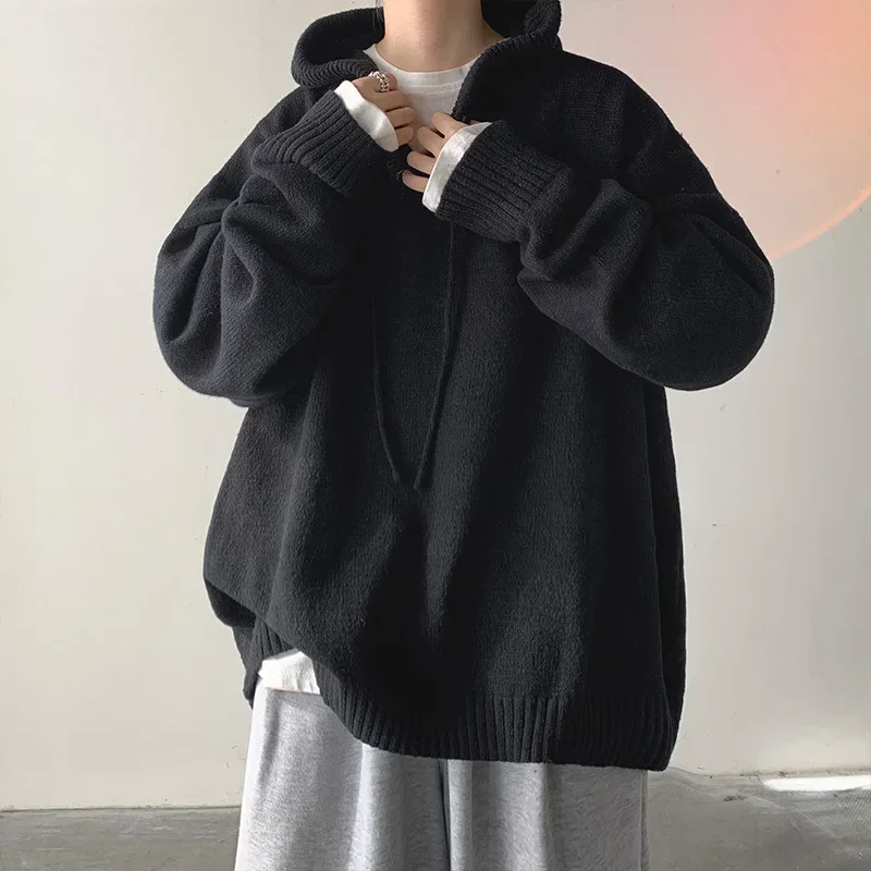 Hoodie Sweater Men's Winter Loose Chic Retro Knit Solid Outerwear Y2k Button Tops Korean Fashion Trendy Warm Women Man Clothing
