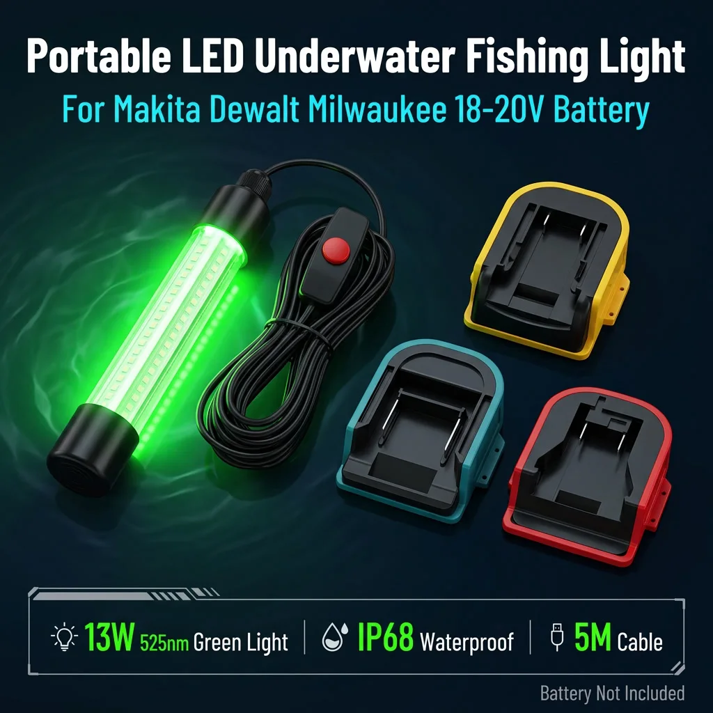 Portable 13W LED Underwater Fishing Light 126LED 525nm Green IP68 Waterproof 5M Cable For Makita Dewalt Milwaukee 18‑20V Battery