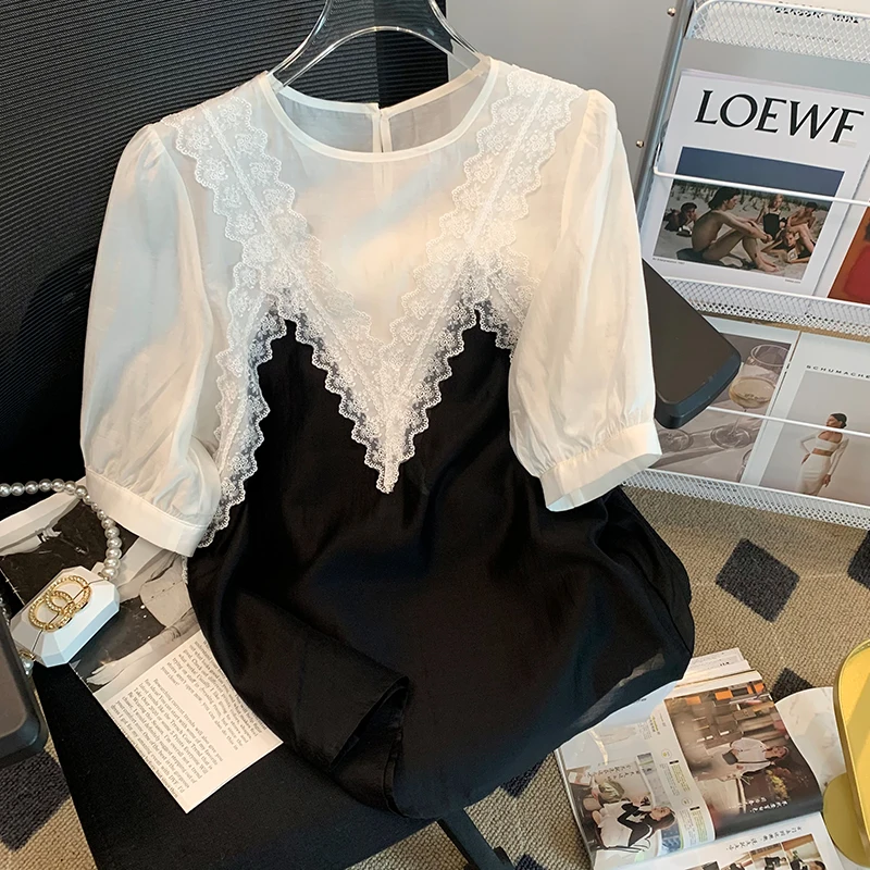 

Новая кружевная лоскутная рубашка Tencel с короткими рукавами и цветными блоками, топ премиум-класса с объемными рукавами