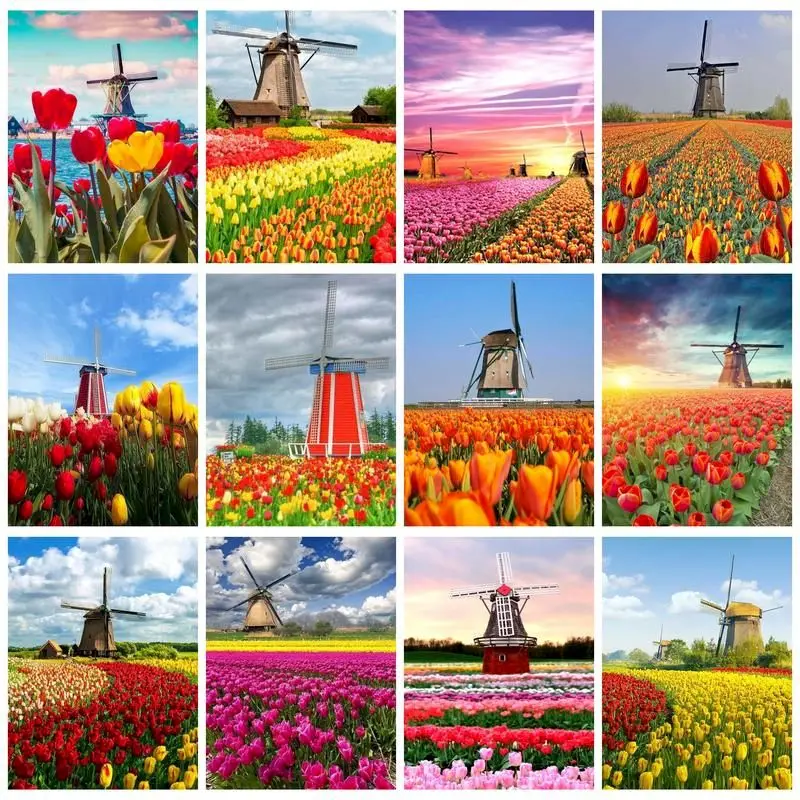 

PhotoCustom Modern Paint By Numbers For Adults Windmill Flower Sea Drawing By Numbers Handmade Colorful Landscape On Canvas