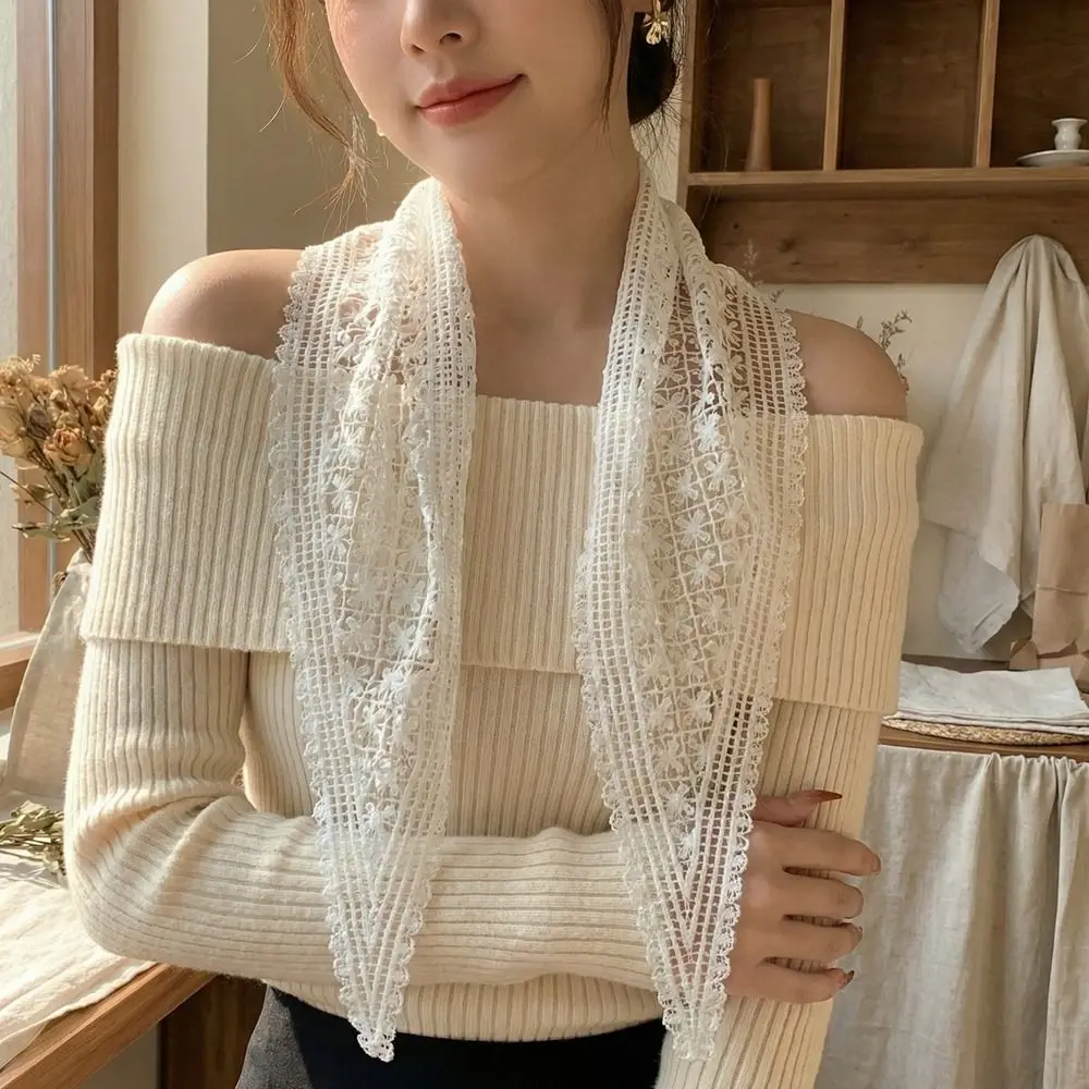 Simple Floral Printed Lace Triangle Scarf Transparent Embroidered Lace Head Scarf Pastoral Style Korean Skirt Curtain Women