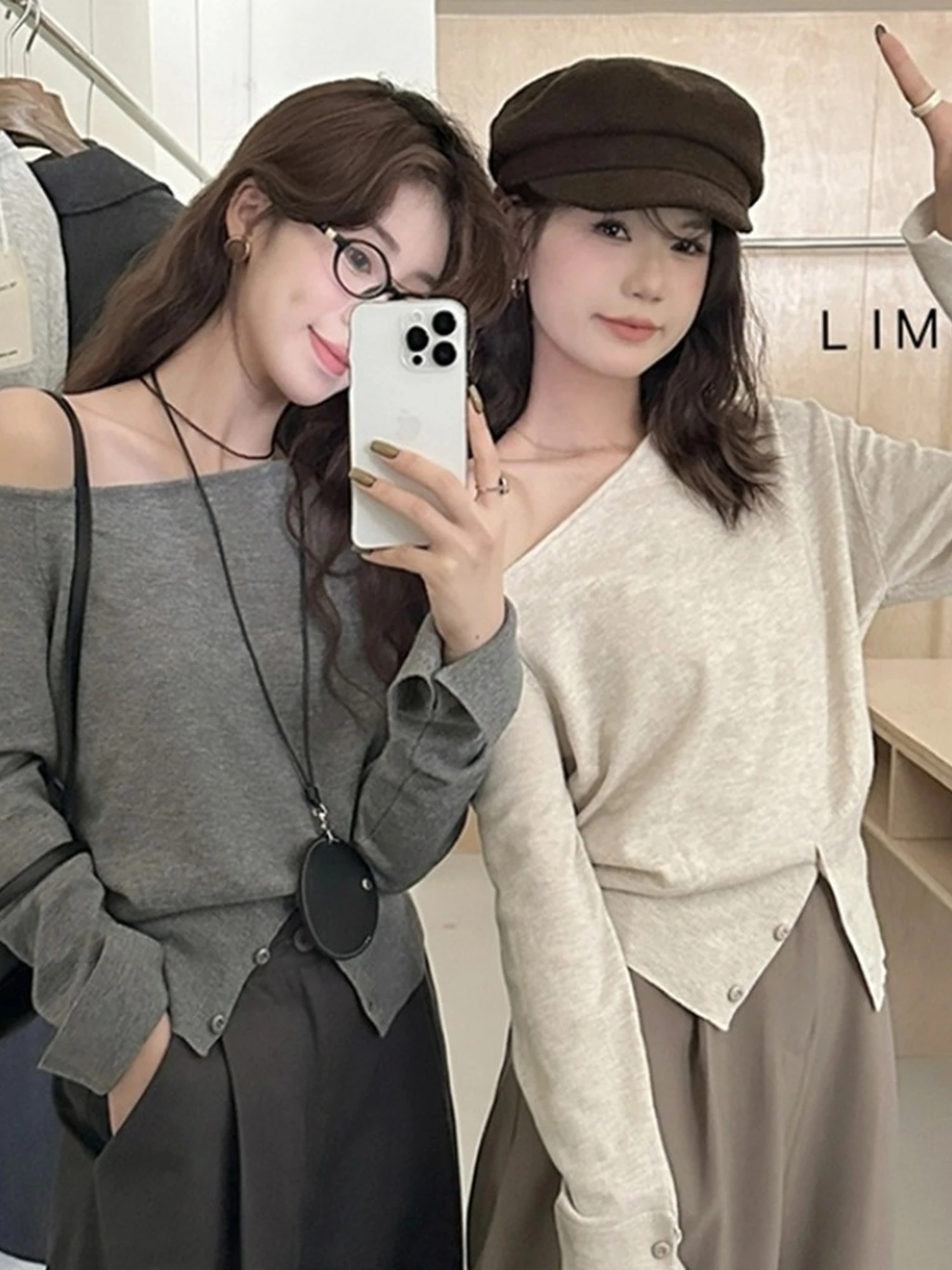 French Style Long Sleeve Knitted Sweater Women Spring Autumn off Shoulder Base Shirt Exposure Shoulder Top Regular Fit Medium...
