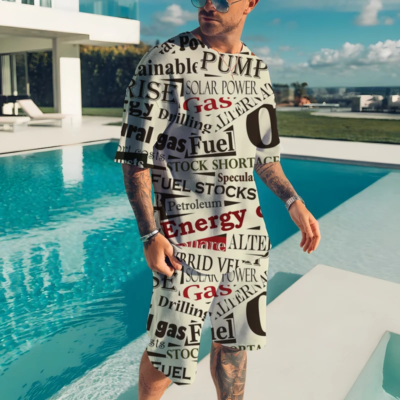 Summer High Quality Male Clothes Casual Outfits 3D Letters Printed O Neck Short Sleeve Oversized T-Shirt Tracksuit 2 Piece Set
