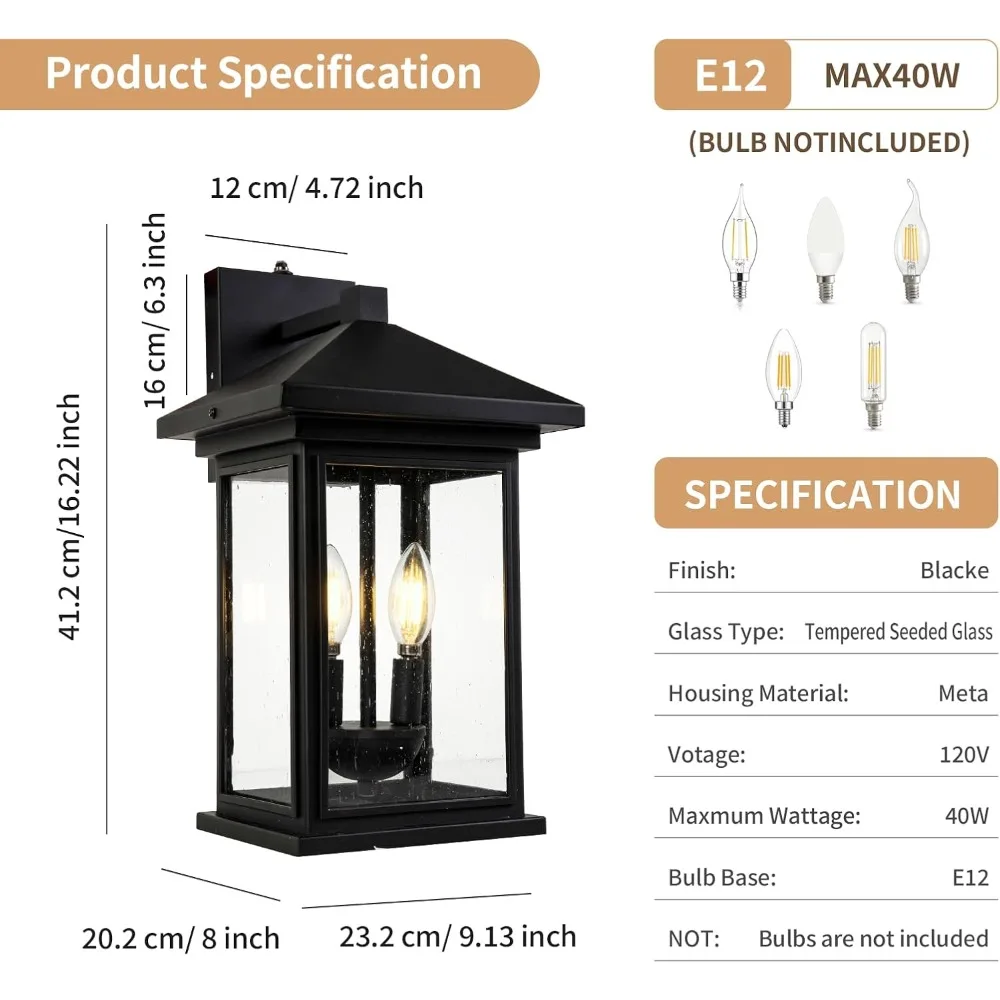 

Dusk to Dawn Outdoor Wall Lantern Exterior Wall Sconce with Clear Seeded Glass Matte Black Finish Large Wall Mount Light