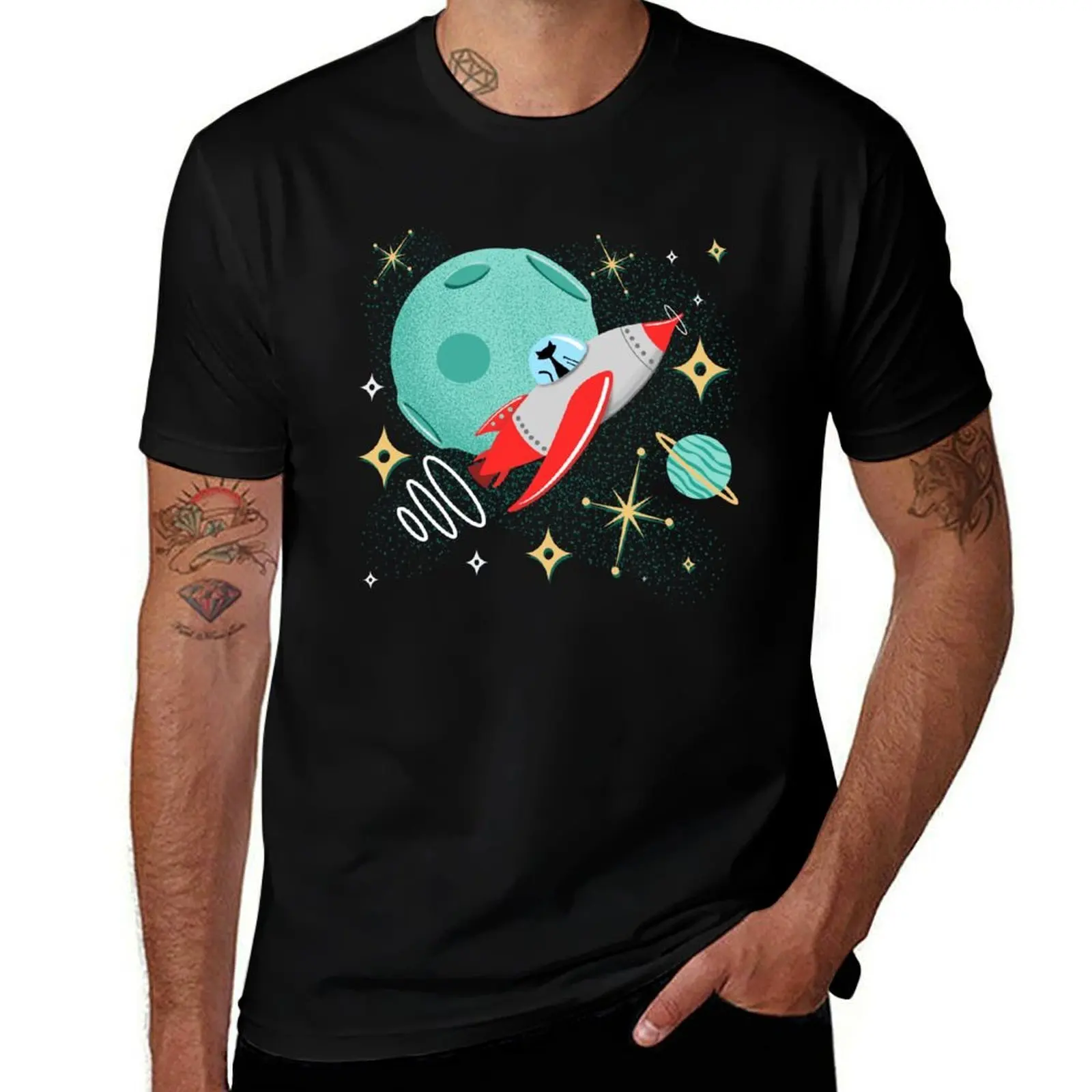 Atomic Rocket Cat Funny Mid-Century Modern Cat in Futuristic Spaceship T-Shirt Work Daily Short Sleeve Top T-Shirt