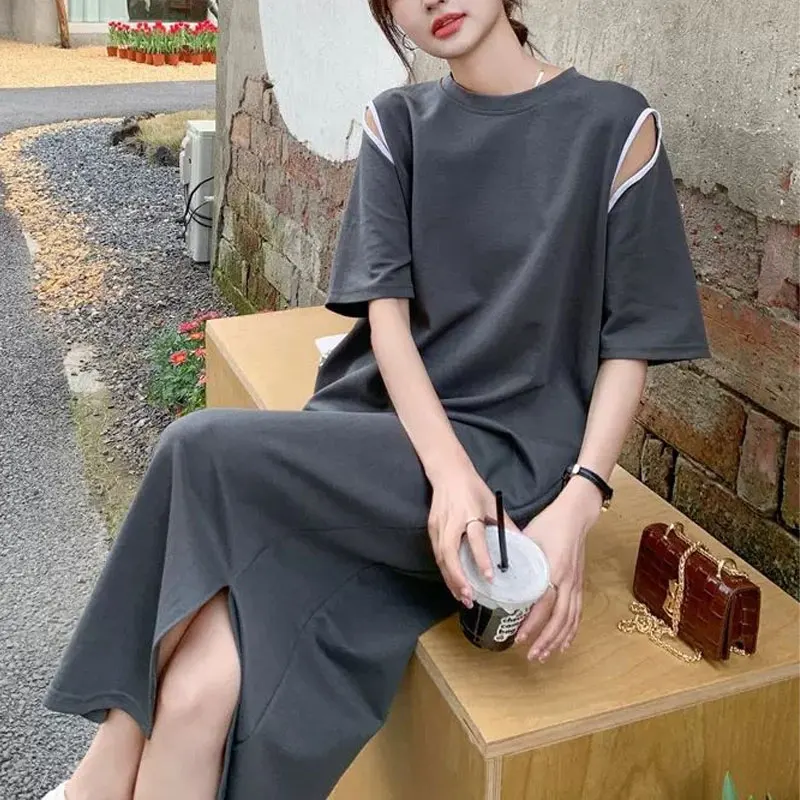 Casual Loose Solid Color Dresses 2024 Summer Short Sleeve Stylish Hollow Out Women\'s Clothing Round Neck Korean Split Long Dress