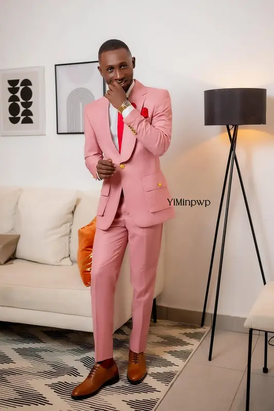 Pink Men's Suit jacket Top lapel Luxury Groomsman Jacket One Button Tuxedos 2 Piece Set Wedding Suits Slim Fit Peak Lapel - Image 3