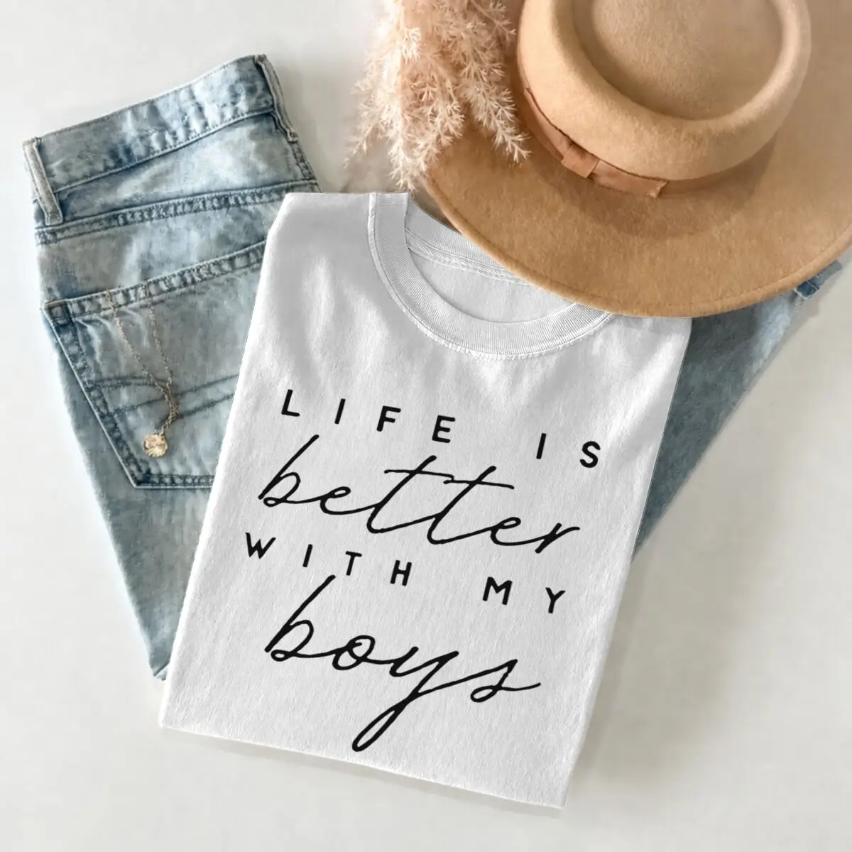 Life Is Better with My Boys Fashion Casual Tops Mom Gift T Shirts Classic Tops Mom Life Quote Print T-shirt Womens Clothing