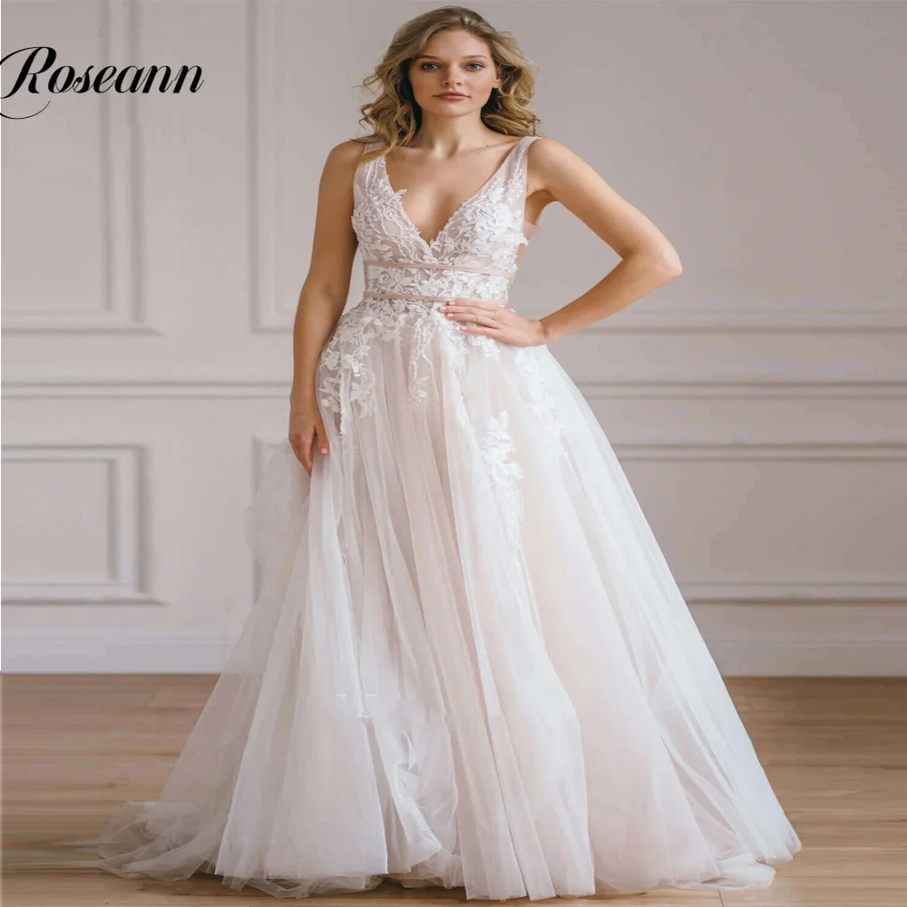 Glamorous A-line Wedding Dresses Tulle Deep V-neck Bridal Gowns Illusion  Appliques Sashes Backless Robe De Mariée Drop Shipping