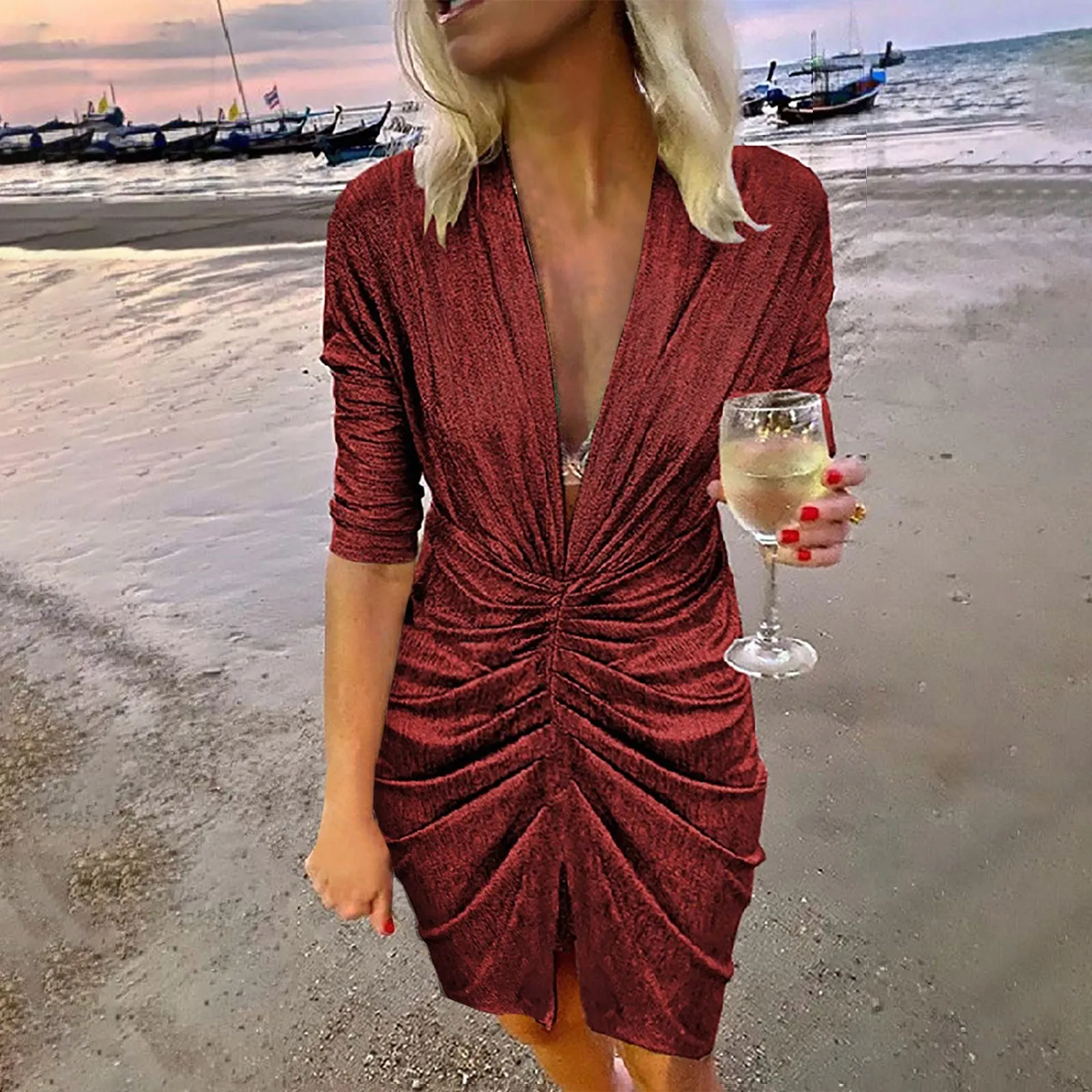 Women Sexy Sequins V Neck Long Sleeve Self Cultivation Dresses Slim Elegant Ladies Party Dress Long Sleeve Dress plus Size