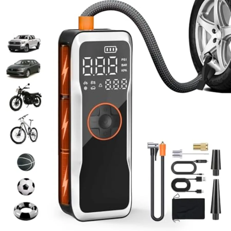 

Портативный воздушный компрессор 150PSI с автоматическим отключением для быстрого накачивания автомобилей, мотоциклов, велосипедных шин и спортивных мячей включает T