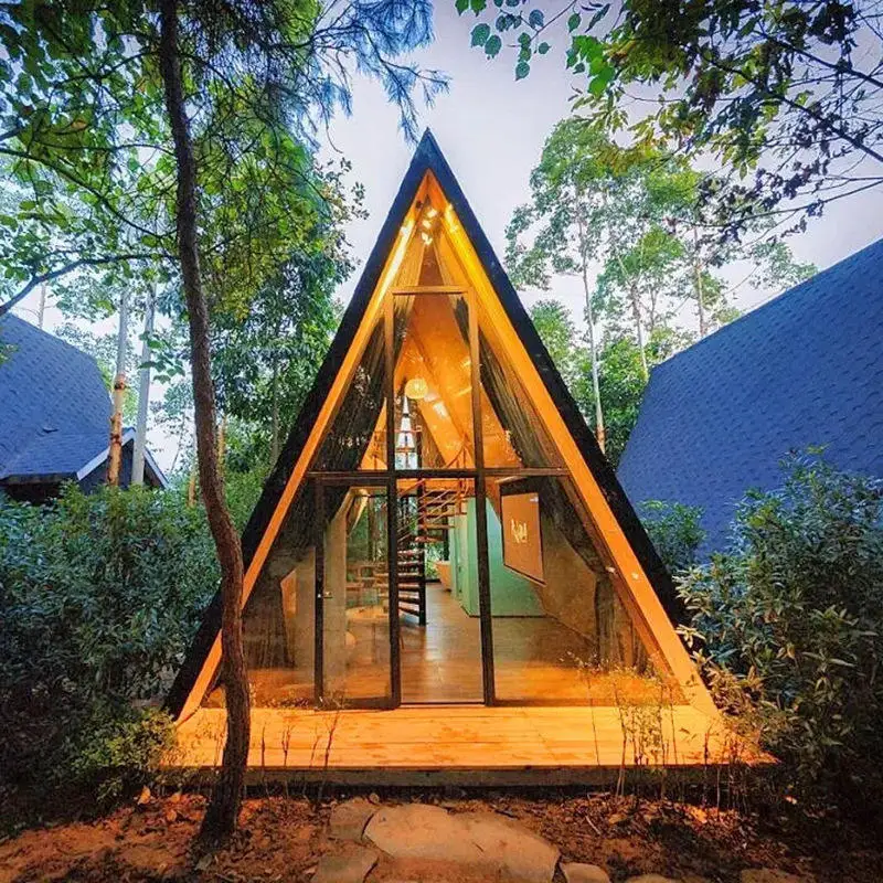 A-Frame House Kit Modular Triangle Tiny Wooden Cabin Two Story With Loft For Vacation Glamping Resort