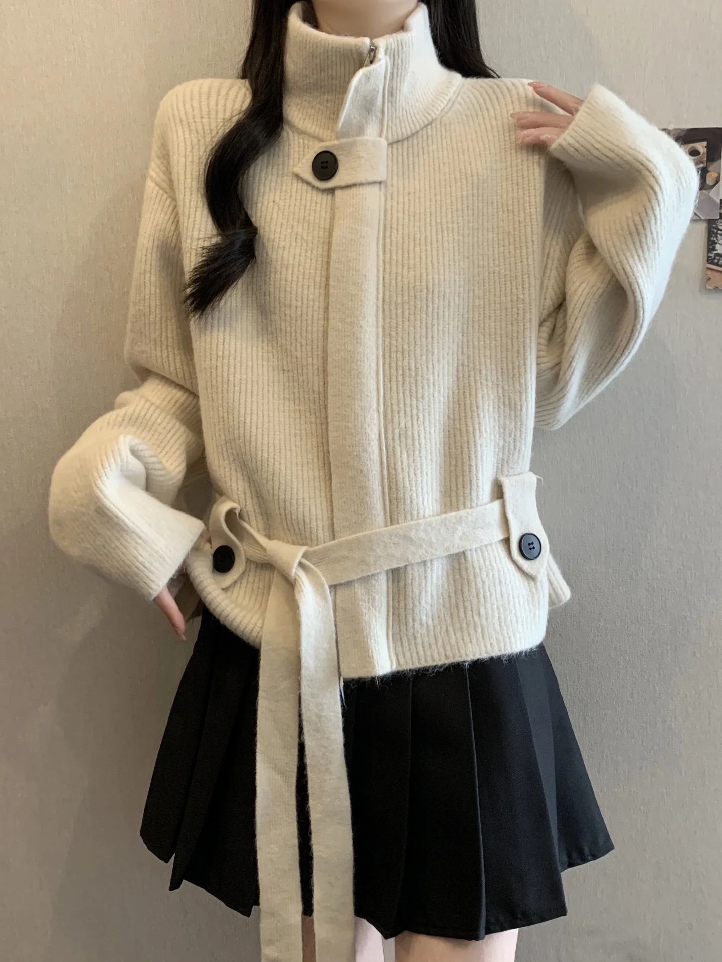 

Women's Knitted Short Cardigan Sweater Coat Belted Waist Stand Collar Spring Autumn plus Size Comfortable Soft Korean Style