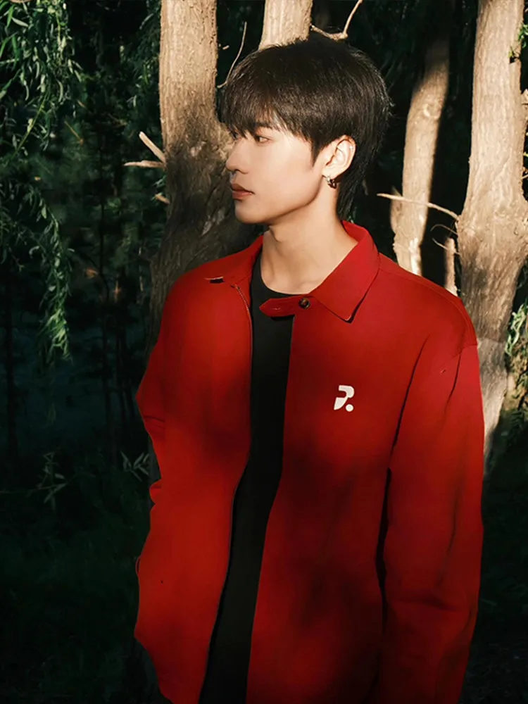 American Retro Cleanfit Collar Red Jacket Men Casual Loose High Sensation Shirt Outerwear Autumn Season Unisex Long Sleeve Zi...