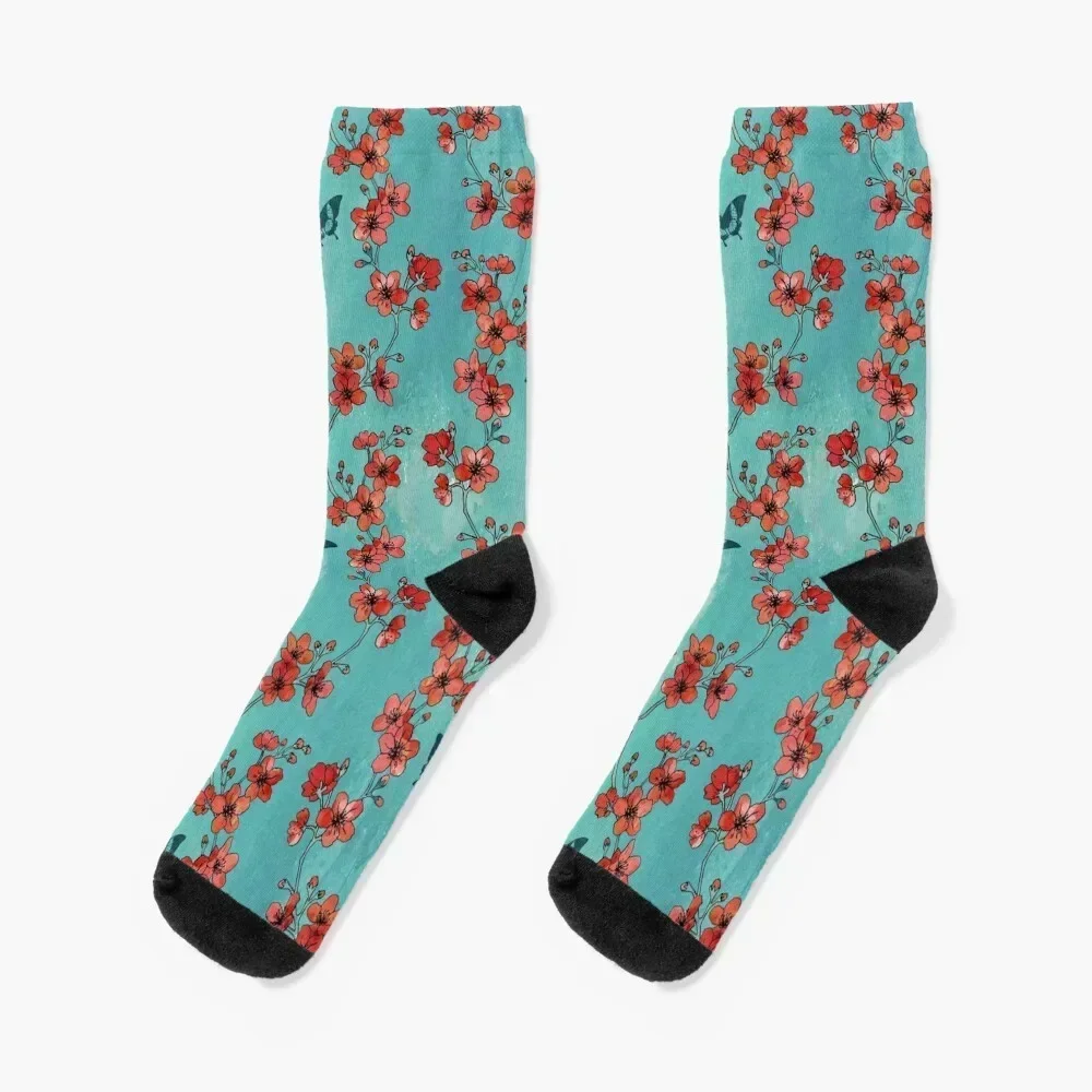 Sakura butterflies in turquoise Socks Non-slip Lots Heating sock Socks Ladies Men's