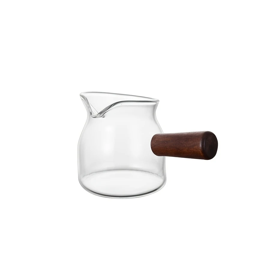 Vintage Glass Milk Pitcher with Wooden Handle, Heat Resistant Creamer Jug for Coffee Tea Syrup Honey, Mini Pour Over Server