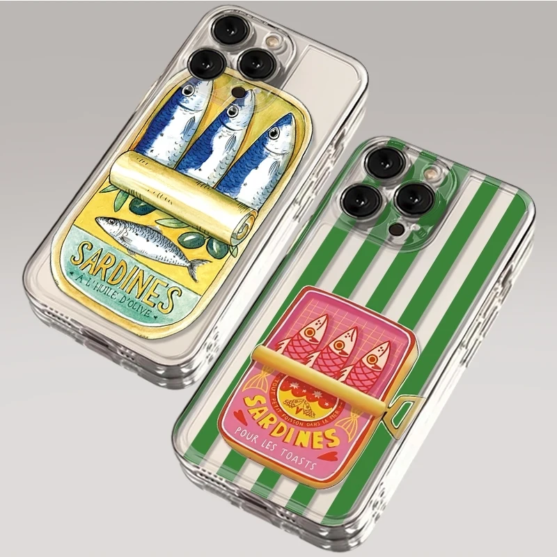 Cartoon Sardines Fis Striped Phone Case For iPhone 17 16 15 11 12 14 13 Pro Max Mini XS X XR 7 Plus 17E Shockproof Cover Fundas