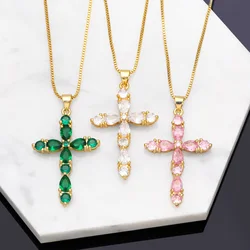 FLOLA Big Pink Crystal Cross Necklaces Christian Jewelry Copper Gold Plated Box Chain Amulet Necklaces CZ Jewelry Gifts nkeb266