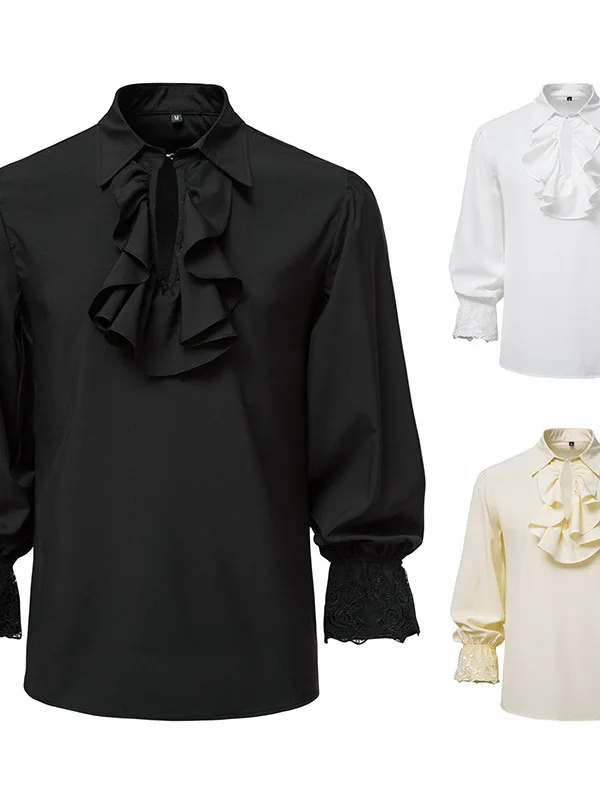 

Medieval Punk Ruffled Men's irt Vintage Performance Costume Belted Puffy Sve Loose Fit Long Sve Casual Sle M Fas...