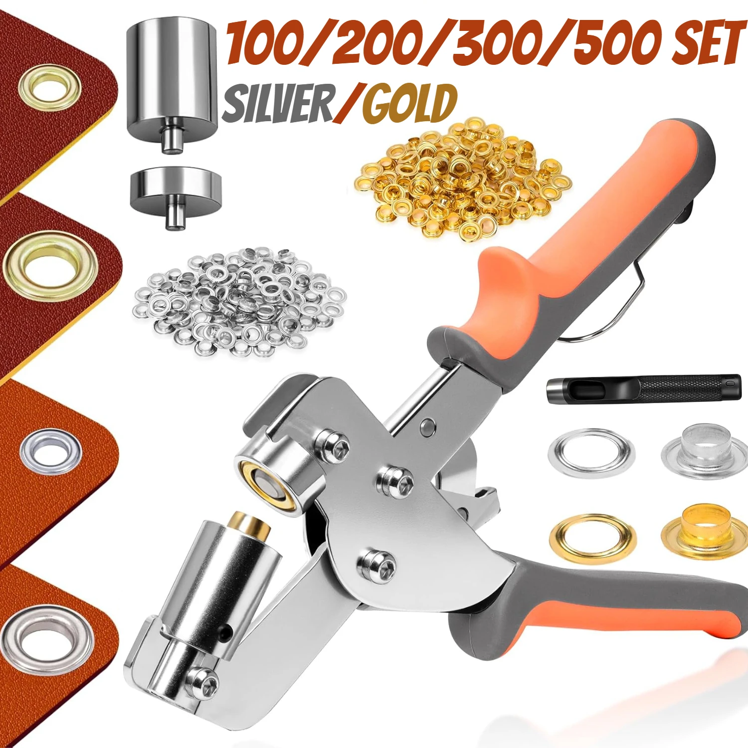 Grommet Tool Kit with 100/200/300/500 Sets 3/8 Inch 10mm Grommets Handheld Press Eyelet Pliers Kit for Tarp Fabric Banner Canvas