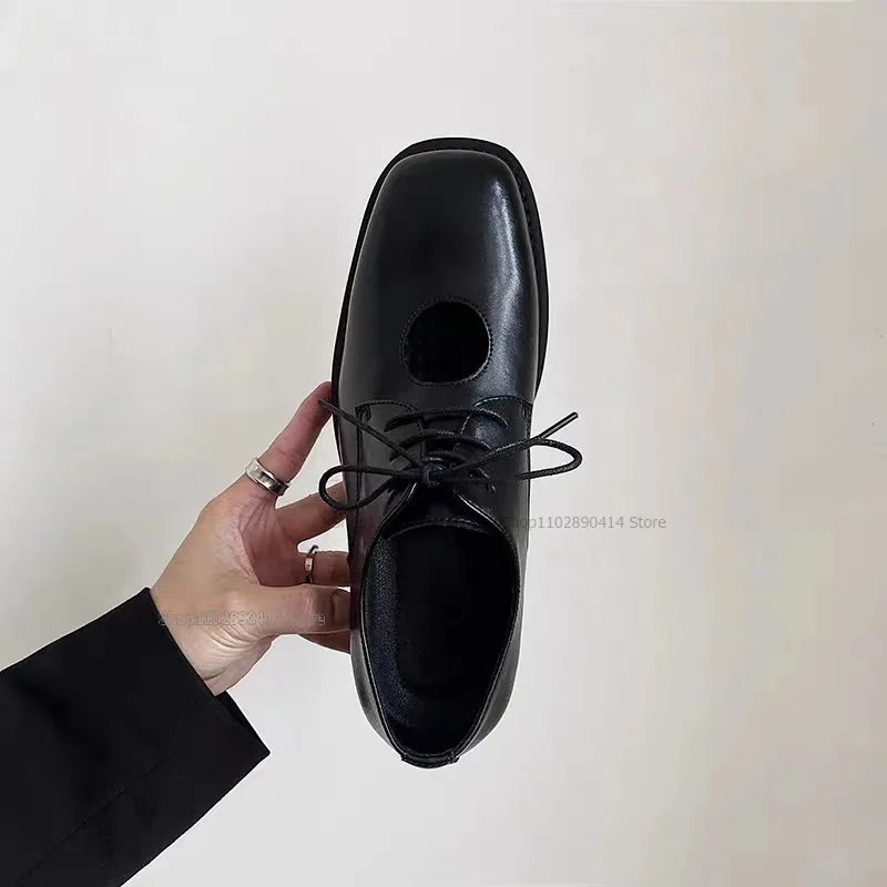 Black Hollow Design Cross Tied Square Toe Men Shoes Fashion High Quality Breathable Men Shoes Novel Japanese Style Casual Shoes