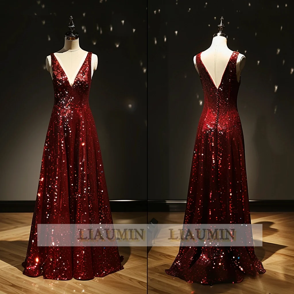 Sexy A Line Red Sequin Sparkly Deep V Neck Floor Length Evening Dress Brithday Party Princess Prom Skirt Women Custom W14-2.12