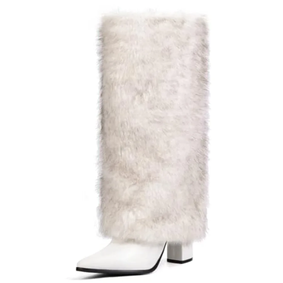 3.3-inch Chunky Knee High Fur Heel Boots Furry Fuzzy Fluffy Pointed Toe Boots for Women Tall Long Wide Calf Boot with Side Zipp