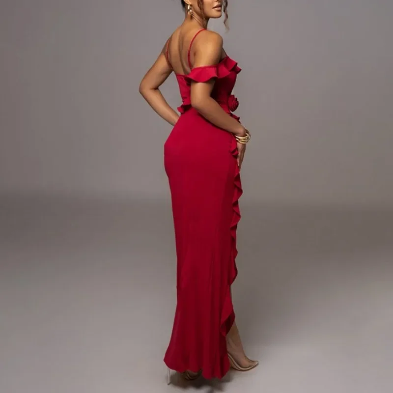 Women's Irregular Split Ruffled Backless Dress Celebration Party Evening Dress Solid Colors New Fashion Elegant Dresses YWFD013