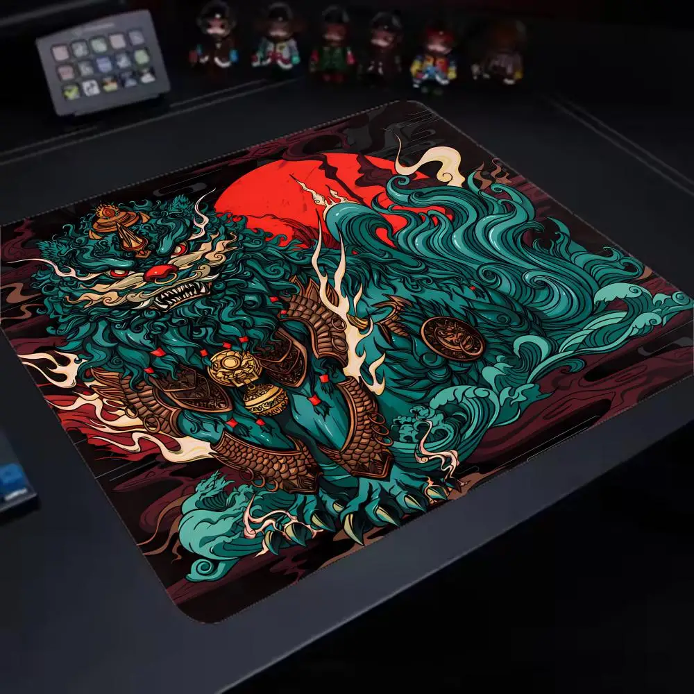 Small Gaming Mousepad Chinese Lion Oni Hannya Mask Art Smooth Surface Non-Slip Rubber Base Mouse Mat For PC Laptop Office Desk