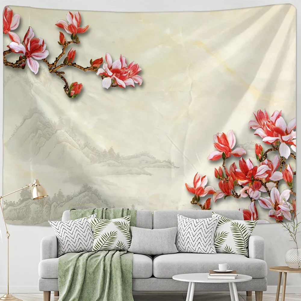 Flower and Bird Ink Painting Tapestry Wall Hanging Antique Hippie Tapiz Aesthetic Room Home Decor Background Cloth for Home
