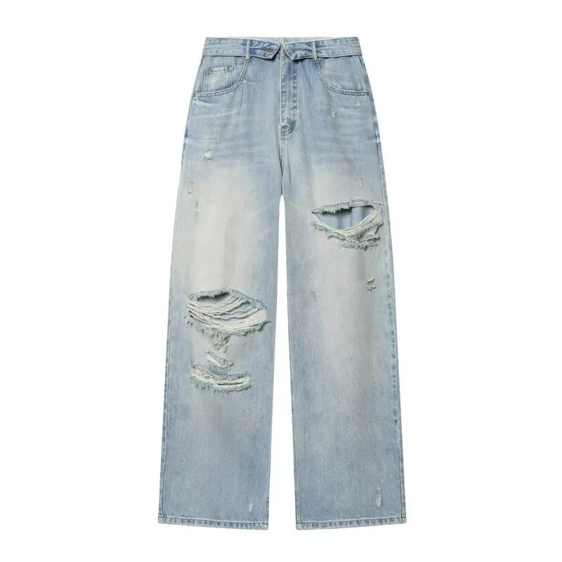 Spring 2026 Women's Casual Hole-Ripped Flip- Jeans Mid-Waist Loose Fit No Stretch Natural Waist Button Closure