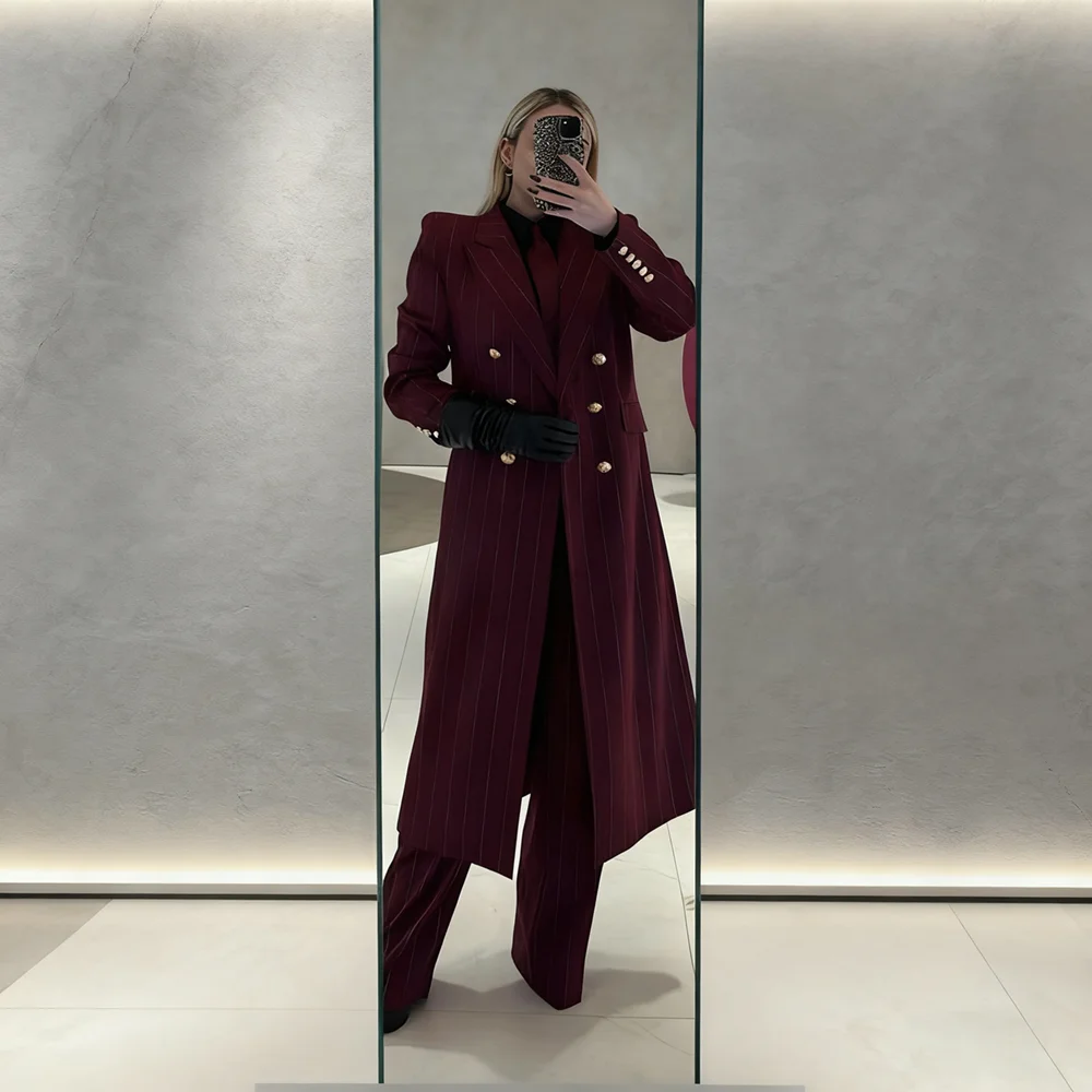 

Женский полосатый костюм, модный двубортный длинный пиджак и широкие брюки, элегантный формальный элегантный повседневный наряд из двух предметов