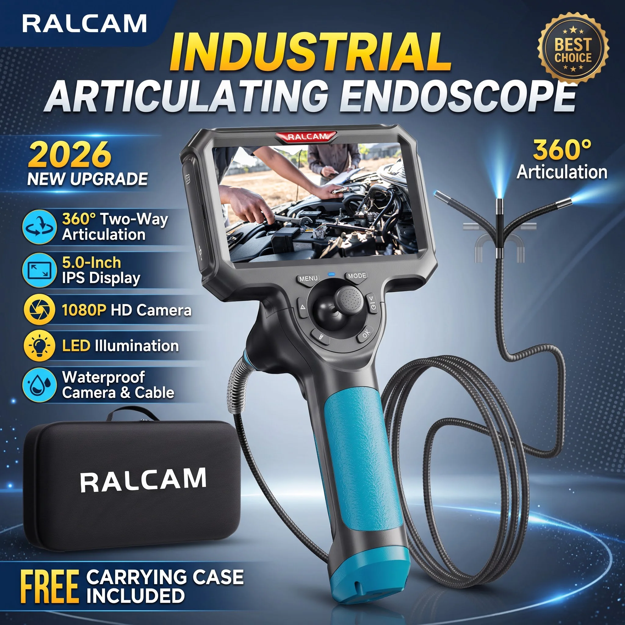 Ralcam 360% Articulating Borescope 6.2mm 4 Ways 5inch IPS Automotive Endoscope Inspection Camera with 6 Adjustable LED Lights