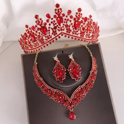 3Pcs/Set Baroque Gold Color Red Wedding Crown Princess Queen Water Drop Crystal Tiaras Necklace Earrings New Bridal Jewelry Sets