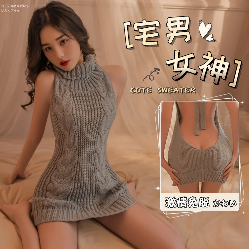 

Sexy Lingerie Backless Women Sweaters Grey Turtleneck Long Virgin Killer Cosplay Costume Japanes Knitted and Pullovers Sleepwear