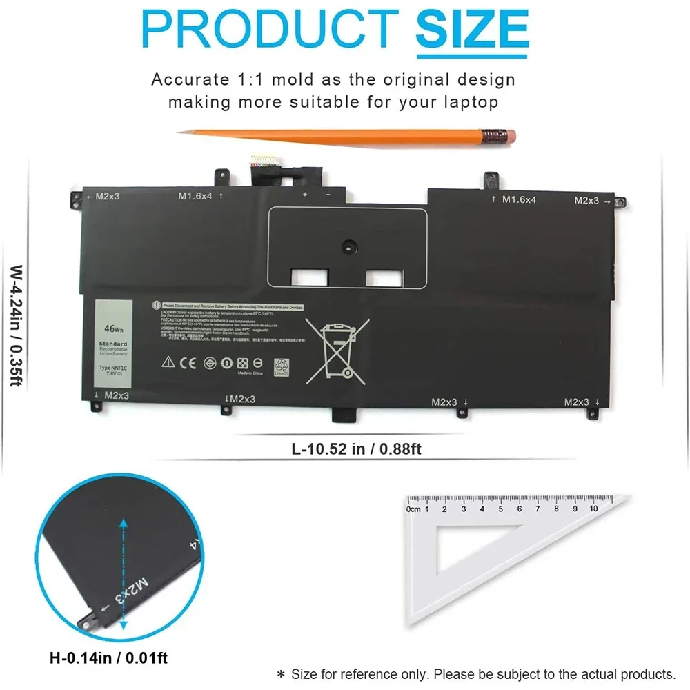 NNF1C Laptop Battery for Dell XPS13 2-in-1 9365 2017 XPS 13-9365-D1605TS D1805TS D2805TS D3605TS 7.6V 46Wh High Quality Battery