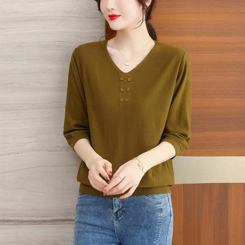 Big Size Women All-match Knitted T-shirt Korean Fashion Summer New Female Clothing Half Sleeve V-Neck Solid Vintage Pullover Top