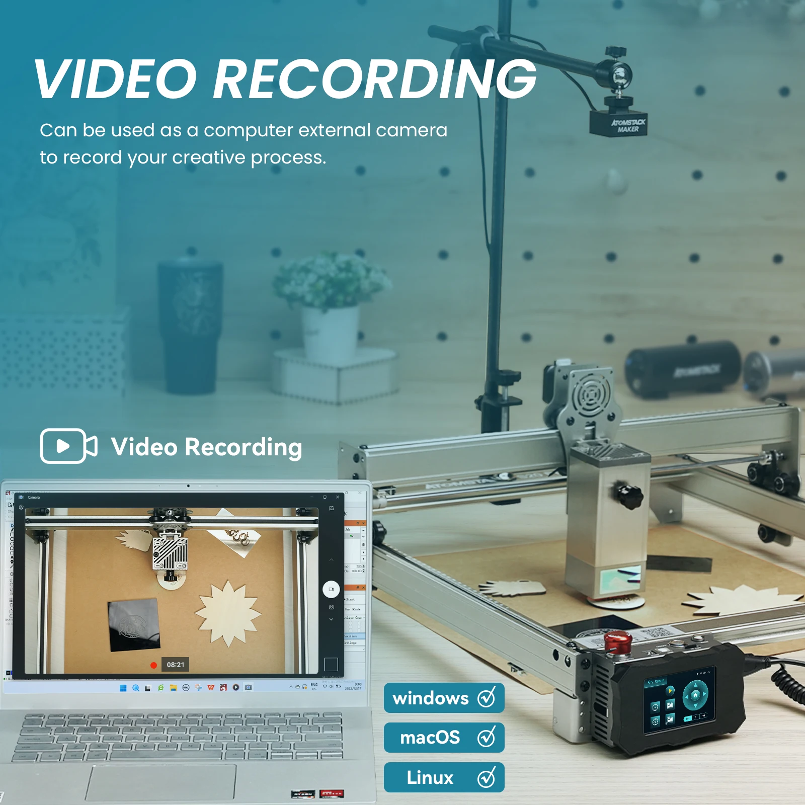 Atomstack AC1 kamera Lightburn 5MP HD pemosisian tepat untuk pengukir Laser rekaman Smart Logger Windows MacOS Linux