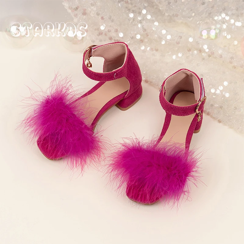 

Luxury Pink Purple Feather Sandals kid Girl Low Heel Ankle Strap Dance Sandalias Child Square Toe Crystal Buckle Dress Shoes