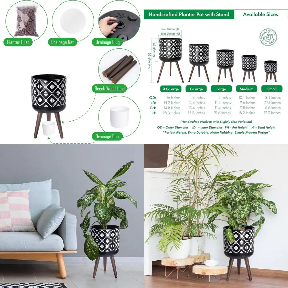 

Mid-Century Style 10 Indoor Plant Stand, White and Black, D'vine Dev Tall Pot with Legs, 88-G-B-4