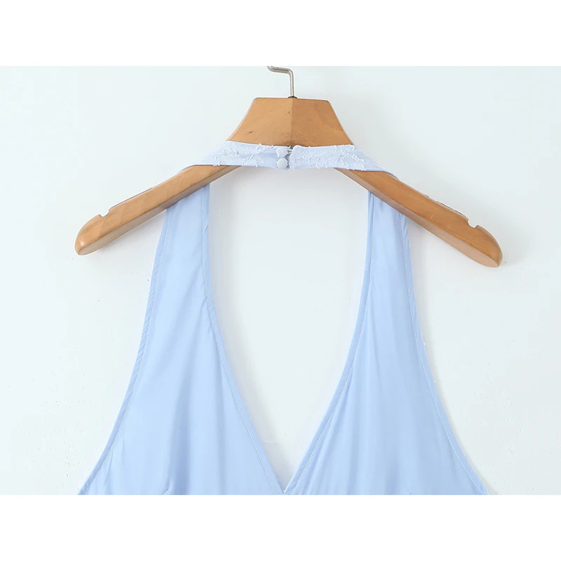 Elegancka damska niebieska żakardowa sukienka na wakacje z dekoltem w szpic Seksowna sukienka bez pleców z niską talią A-line Kobiece letnie sukienki High Street Party Robe