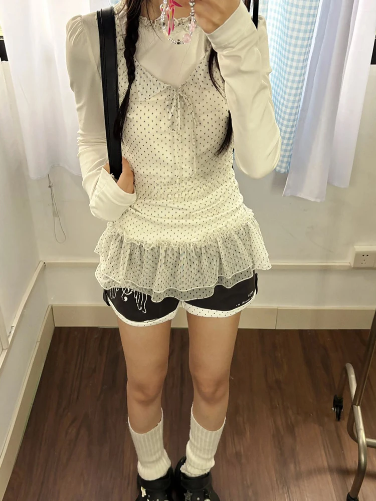 Women's Long Sleeve Polka Dot Mesh under Shirt  Knot T-Shirt Inner Wear Layered Autumn Winter Top Casual Style