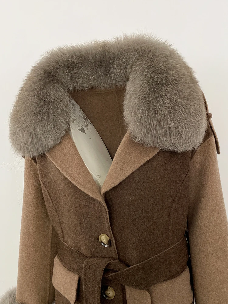 Frauen Patchwork doppelseitigen Woolen Kaschmir Mantel Echt Fox Pelz Manschette Wolle Jacke Weibliche Neue Winter Echtpelz Kragen kleidung