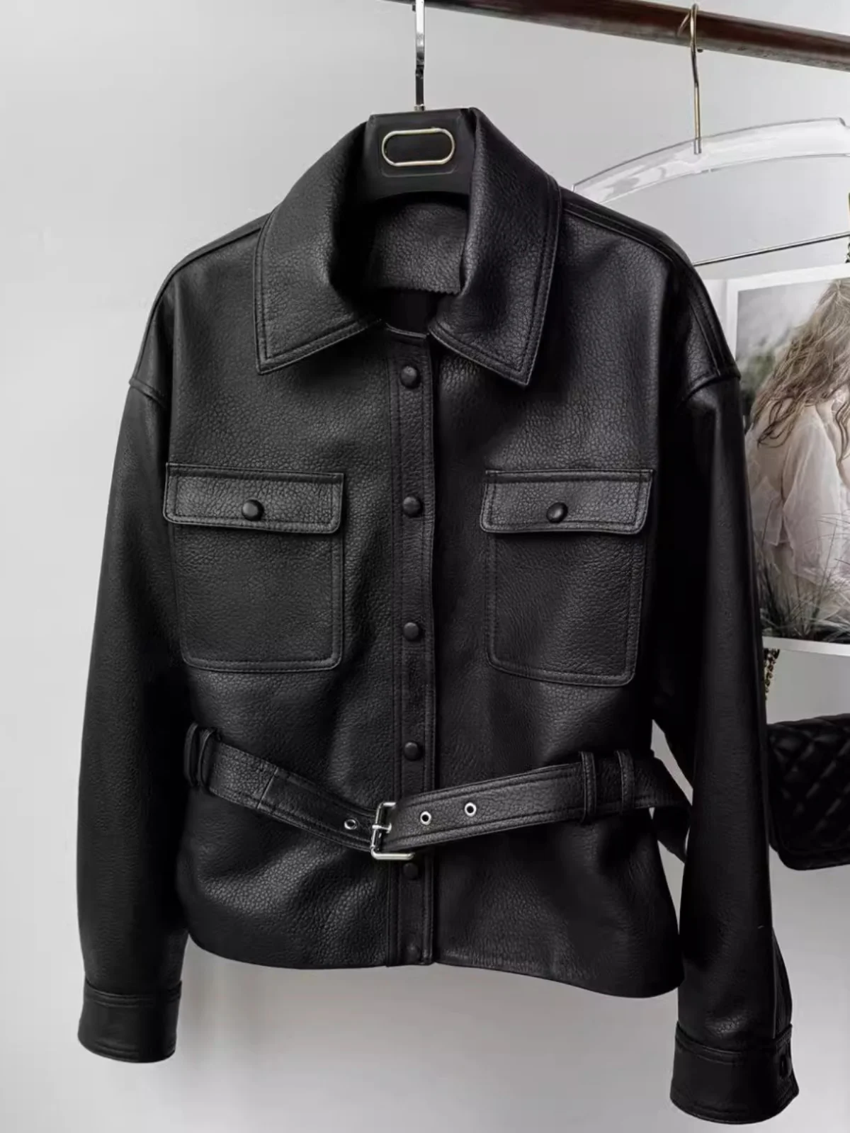 Haining Motorcycle Jaet Women's ort Bla PU Leather Coat Street Sle Loose Fit Long Sve  Collar Button up Coat