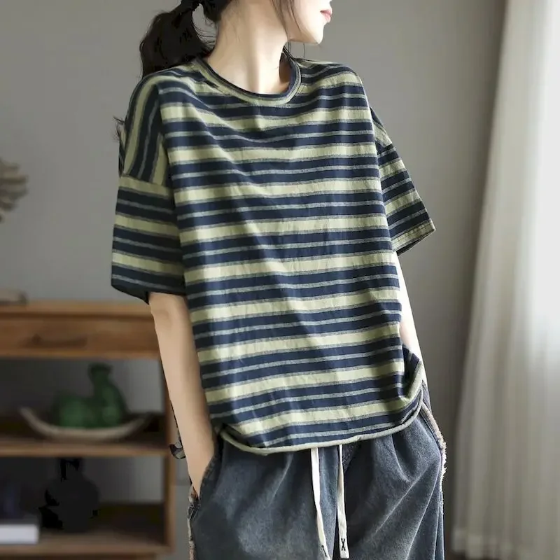 

Oversized T-shirts Women Literary Vintage Striped Casual Loose Short Sleeve Cotton Tops Summer Trend Thin O-neck Tshirt Z167