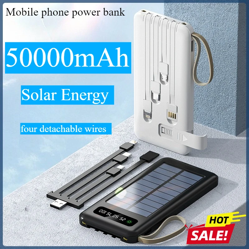 

Solar Power Bank50000mAh Large Capacity Mobile Power Fast Charging Battery Dual USB 4 Cables with Mobile Phone Stand