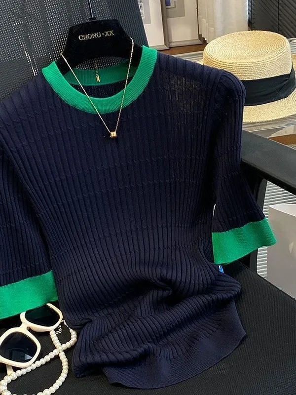 

Slim Fit Ice Silk Short Sleeve Knitted Top round Neck Base Layer Summer Thin Style Color Block Casual Women's Fashion